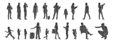 Vektör illüstrasyonu, insanların ana hatları, Contour çizimi, insanların silueti, ikon kümesi izole edilmiş, oturan insanların silueti, mimari set