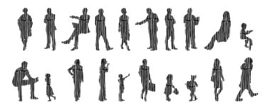 Vektör illüstrasyonu, insanların ana hatları, Contour çizimi, insanların silueti, ikon kümesi izole edilmiş, oturan insanların silueti, mimari set