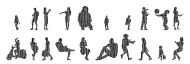 Vektör illüstrasyonu, insanların ana hatları, Contour çizimi, insanların silueti, ikon kümesi izole edilmiş, oturan insanların silueti, mimari set