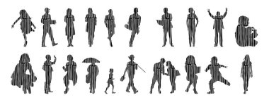 Vektör illüstrasyonu, insanların ana hatları, Contour çizimi, insanların silueti, ikon kümesi izole edilmiş, oturan insanların silueti, mimari set