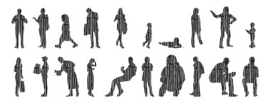 Vektör illüstrasyonu, insanların ana hatları, Contour çizimi, insanların silueti, ikon kümesi izole edilmiş, oturan insanların silueti, mimari set