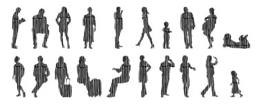 Vektör illüstrasyonu, insanların ana hatları, Contour çizimi, insanların silueti, ikon kümesi izole edilmiş, oturan insanların silueti, mimari set