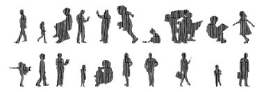 Vektör illüstrasyonu, insanların ana hatları, Contour çizimi, insanların silueti, ikon kümesi izole edilmiş, oturan insanların silueti, mimari set