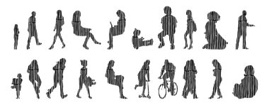 Vektör illüstrasyonu, insanların ana hatları, Contour çizimi, insanların silueti, ikon kümesi izole edilmiş, oturan insanların silueti, mimari set