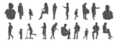 Vektör illüstrasyonu, insanların ana hatları, Contour çizimi, insanların silueti, ikon kümesi izole edilmiş, oturan insanların silueti, mimari set