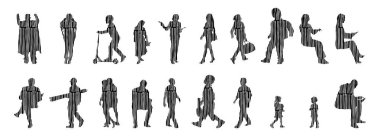 Vektör illüstrasyonu, insanların ana hatları, Contour çizimi, insanların silueti, ikon kümesi izole edilmiş, oturan insanların silueti, mimari set