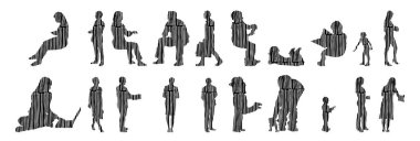 Vektör illüstrasyonu, insanların ana hatları, Contour çizimi, insanların silueti, ikon kümesi izole edilmiş, oturan insanların silueti, mimari set