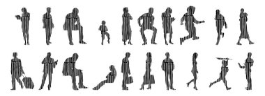 Vektör illüstrasyonu, insanların ana hatları, Contour çizimi, insanların silueti, ikon kümesi izole edilmiş, oturan insanların silueti, mimari set