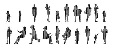 Vektör illüstrasyonu, insanların ana hatları, Contour çizimi, insanların silueti, ikon kümesi izole edilmiş, oturan insanların silueti, mimari set