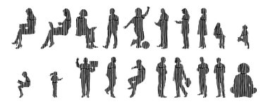 Vektör illüstrasyonu, insanların ana hatları, Contour çizimi, insanların silueti, ikon kümesi izole edilmiş, oturan insanların silueti, mimari set