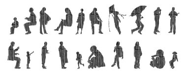 Vektör illüstrasyonu, insanların ana hatları, Contour çizimi, insanların silueti, ikon kümesi izole edilmiş, oturan insanların silueti, mimari set