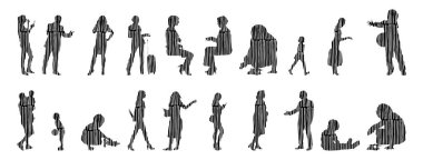 Vektör illüstrasyonu, insanların ana hatları, Contour çizimi, insanların silueti, ikon kümesi izole edilmiş, oturan insanların silueti, mimari set