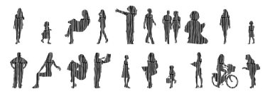 Vektör illüstrasyonu, insanların ana hatları, Contour çizimi, insanların silueti, ikon kümesi izole edilmiş, oturan insanların silueti, mimari set