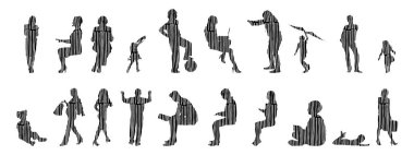 Vektör illüstrasyonu, insanların ana hatları, Contour çizimi, insanların silueti, ikon kümesi izole edilmiş, oturan insanların silueti, mimari set