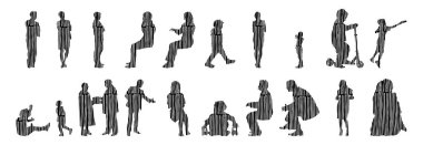 Vektör illüstrasyonu, insanların ana hatları, Contour çizimi, insanların silueti, ikon kümesi izole edilmiş, oturan insanların silueti, mimari set