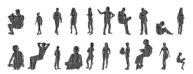 Vektör illüstrasyonu, insanların ana hatları, Contour çizimi, insanların silueti, ikon kümesi izole edilmiş, oturan insanların silueti, mimari set