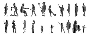 Vektör illüstrasyonu, insanların ana hatları, Contour çizimi, insanların silueti, ikon kümesi izole edilmiş, oturan insanların silueti, mimari set