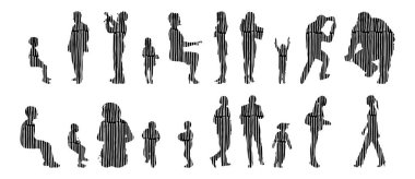 Vektör illüstrasyonu, insanların ana hatları, Contour çizimi, insanların silueti, ikon kümesi izole edilmiş, oturan insanların silueti, mimari set