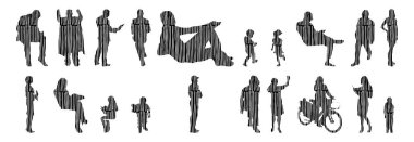 Vektör illüstrasyonu, insanların ana hatları, Contour çizimi, insanların silueti, ikon kümesi izole edilmiş, oturan insanların silueti, mimari set