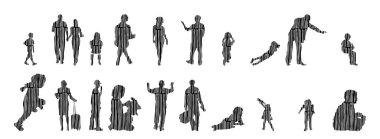 Vektör illüstrasyonu, insanların ana hatları, Contour çizimi, insanların silueti, ikon kümesi izole edilmiş, oturan insanların silueti, mimari set