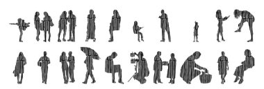 Vektör illüstrasyonu, insanların ana hatları, Contour çizimi, insanların silueti, ikon kümesi izole edilmiş, oturan insanların silueti, mimari set