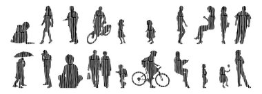 Vektör illüstrasyonu, insanların ana hatları, Contour çizimi, insanların silueti, ikon kümesi izole edilmiş, oturan insanların silueti, mimari set