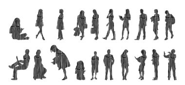 Vektör illüstrasyonu, insanların ana hatları, Contour çizimi, insanların silueti, ikon kümesi izole edilmiş, oturan insanların silueti, mimari set