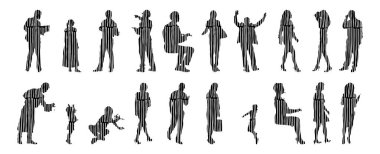 Vektör illüstrasyonu, insanların ana hatları, Contour çizimi, insanların silueti, ikon kümesi izole edilmiş, oturan insanların silueti, mimari set