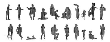 Vektör illüstrasyonu, insanların ana hatları, Contour çizimi, insanların silueti, ikon kümesi izole edilmiş, oturan insanların silueti, mimari set