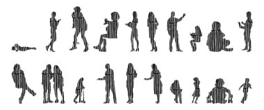 Vektör illüstrasyonu, insanların ana hatları, Contour çizimi, insanların silueti, ikon kümesi izole edilmiş, oturan insanların silueti, mimari set