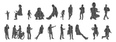 Vektör illüstrasyonu, insanların ana hatları, Contour çizimi, insanların silueti, ikon kümesi izole edilmiş, oturan insanların silueti, mimari set