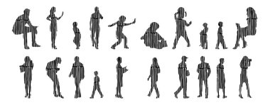 Vektör illüstrasyonu, insanların ana hatları, Contour çizimi, insanların silueti, ikon kümesi izole edilmiş, oturan insanların silueti, mimari set