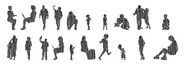 Vektör illüstrasyonu, insanların ana hatları, Contour çizimi, insanların silueti, ikon kümesi izole edilmiş, oturan insanların silueti, mimari set