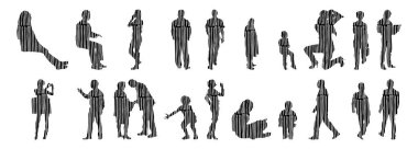 Vektör illüstrasyonu, insanların ana hatları, Contour çizimi, insanların silueti, ikon kümesi izole edilmiş, oturan insanların silueti, mimari set