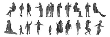 Vektör illüstrasyonu, insanların ana hatları, Contour çizimi, insanların silueti, ikon kümesi izole edilmiş, oturan insanların silueti, mimari set