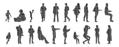 Vektör illüstrasyonu, insanların ana hatları, Contour çizimi, insanların silueti, ikon kümesi izole edilmiş, oturan insanların silueti, mimari set