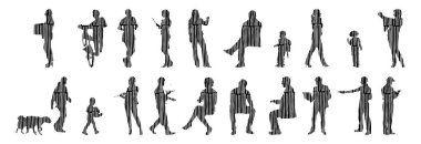 Vektör illüstrasyonu, insanların ana hatları, Contour çizimi, insanların silueti, ikon kümesi izole edilmiş, oturan insanların silueti, mimari set