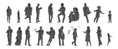 Vektör illüstrasyonu, insanların ana hatları, Contour çizimi, insanların silueti, ikon kümesi izole edilmiş, oturan insanların silueti, mimari set