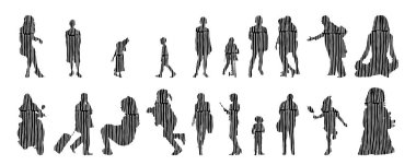 Vektör illüstrasyonu, insanların ana hatları, Contour çizimi, insanların silueti, ikon kümesi izole edilmiş, oturan insanların silueti, mimari set