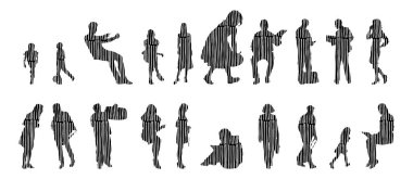 Vektör illüstrasyonu, insanların ana hatları, Contour çizimi, insanların silueti, ikon kümesi izole edilmiş, oturan insanların silueti, mimari set