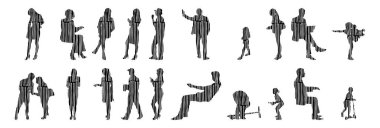 Vektör illüstrasyonu, insanların ana hatları, Contour çizimi, insanların silueti, ikon kümesi izole edilmiş, oturan insanların silueti, mimari set