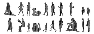 Vektör illüstrasyonu, insanların ana hatları, Contour çizimi, insanların silueti, ikon kümesi izole edilmiş, oturan insanların silueti, mimari set