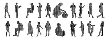 Vektör illüstrasyonu, insanların ana hatları, Contour çizimi, insanların silueti, ikon kümesi izole edilmiş, oturan insanların silueti, mimari set