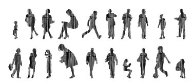 Vektör illüstrasyonu, insanların ana hatları, Contour çizimi, insanların silueti, ikon kümesi izole edilmiş, oturan insanların silueti, mimari set