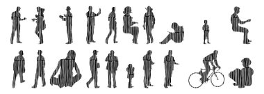 Vektör illüstrasyonu, insanların ana hatları, Contour çizimi, insanların silueti, ikon kümesi izole edilmiş, oturan insanların silueti, mimari set