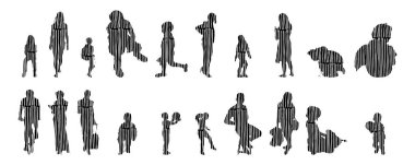 Vektör siluetleri, insanların ana hatları, Contour çizimleri, insanların siluetleri, ikon kümesi izole edilmiş, oturan insanların silueti, mimari set