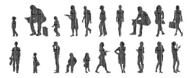 Vektör siluetleri, insanların ana hatları, Contour çizimleri, insanların siluetleri, ikon kümesi izole edilmiş, oturan insanların silueti, mimari set