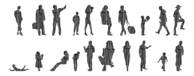 Vektör siluetleri, insanların ana hatları, Contour çizimleri, insanların siluetleri, ikon kümesi izole edilmiş, oturan insanların silueti, mimari set