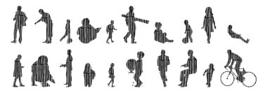 Vektör siluetleri, insanların ana hatları, Contour çizimleri, insanların siluetleri, ikon kümesi izole edilmiş, oturan insanların silueti, mimari set