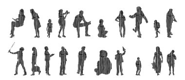 Vektör siluetleri, insanların ana hatları, Contour çizimleri, insanların siluetleri, ikon kümesi izole edilmiş, oturan insanların silueti, mimari set